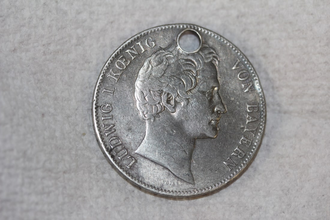 Very Rare 1843 3 1/2 Guldenor a Thaler: German-state-Bavaria silver coin - large size - please note: hole, but in exceptional condition
