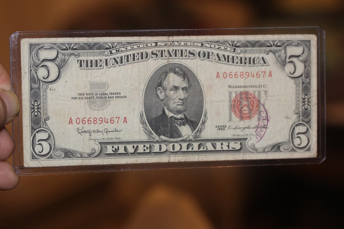 1963 Red Seal $5.00 Bank Note: as shown on photos