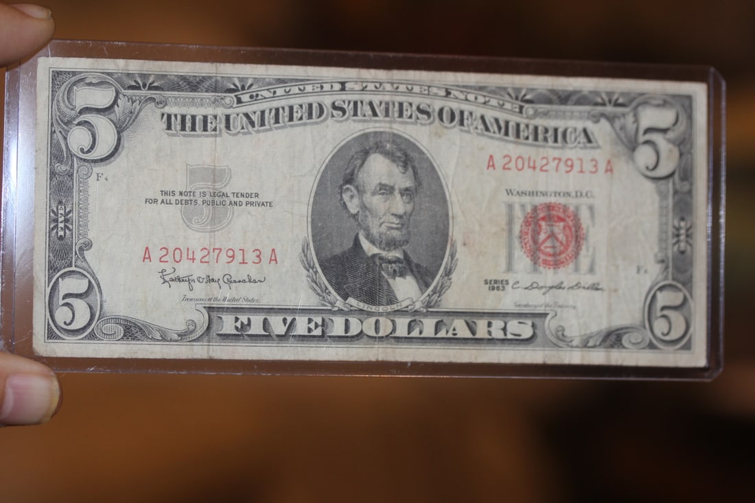 1963 Red Seal $5.00 Bank Note: as shown on photos