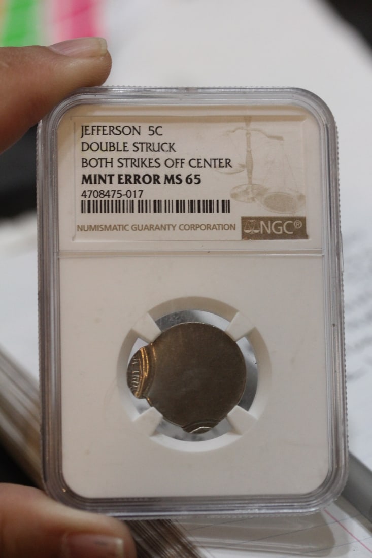 NGC Graded Double Struck Jefferson Nickel: very rare - mint error - both strikes off center - MS65