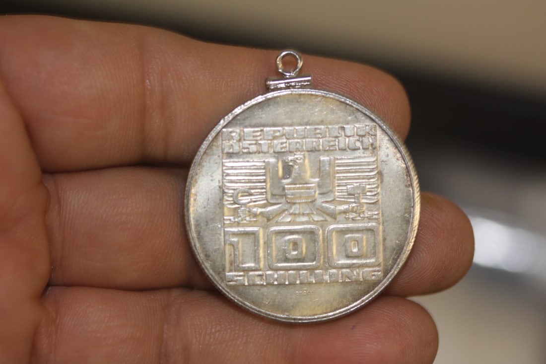 1978 Austria 100 Schillings: silver coin made into a pendant