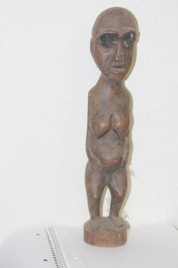 Carved Wood of a Pregnant Woman Figure: antique /vintage - please note: extensive wood split due to age/climate - 14" tall