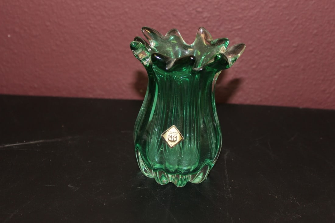 A Czechkoslovakian Green Glass Vase: Art Glass 5 inches tall
