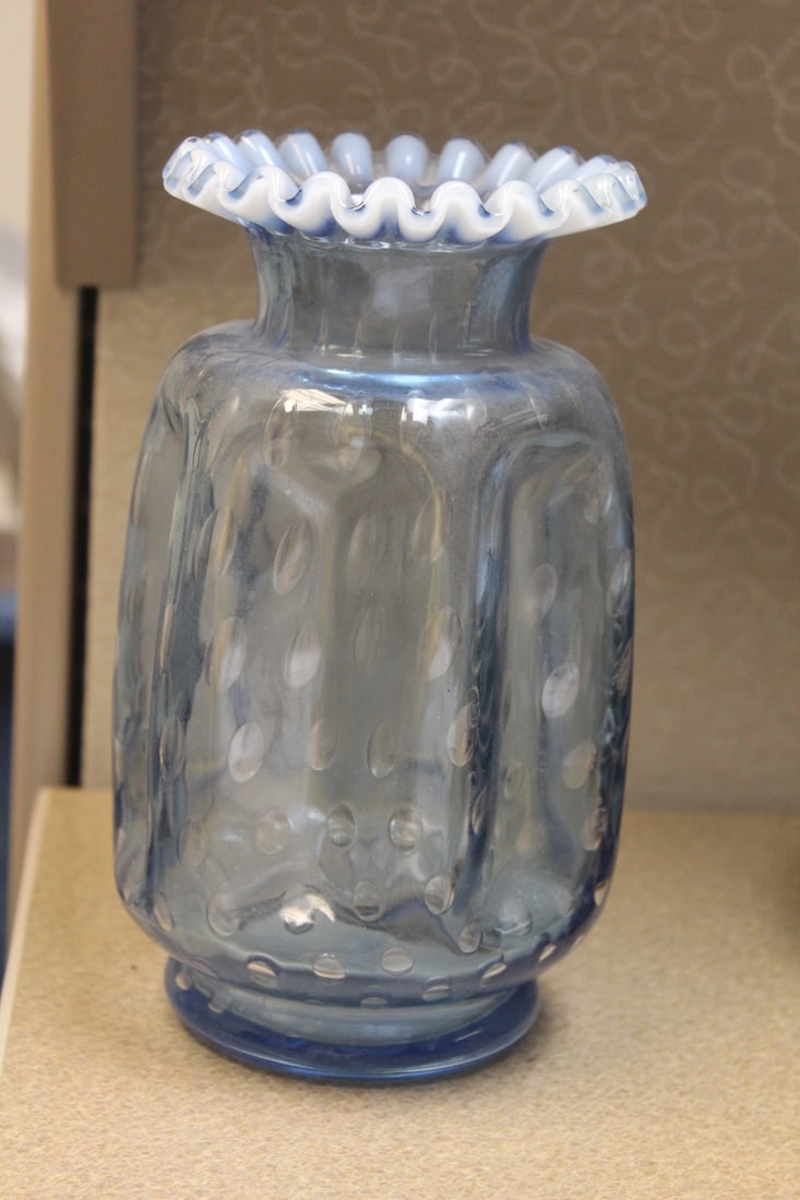Antique Fenton Vase: rare pattern - teal blue colour - opalescent rim - 8" tall