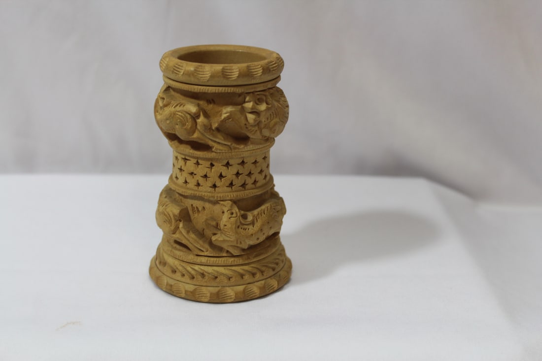 A C Arved Wooden Holder: 4 1/4" tall