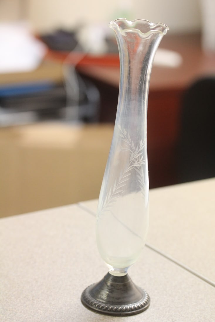 A Weighted Sterling Etched Glass Vase: 10 inches tall - needs cleaning