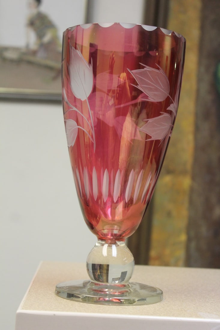 Ruby Red Cut Glass Vase: 10 3/8" tall