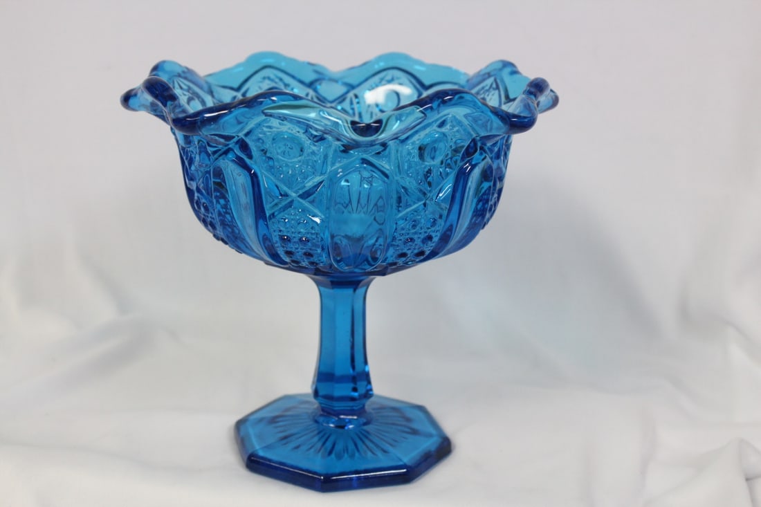 A Pressed Glass Blue Stem Bowl: 6 3/4" tall