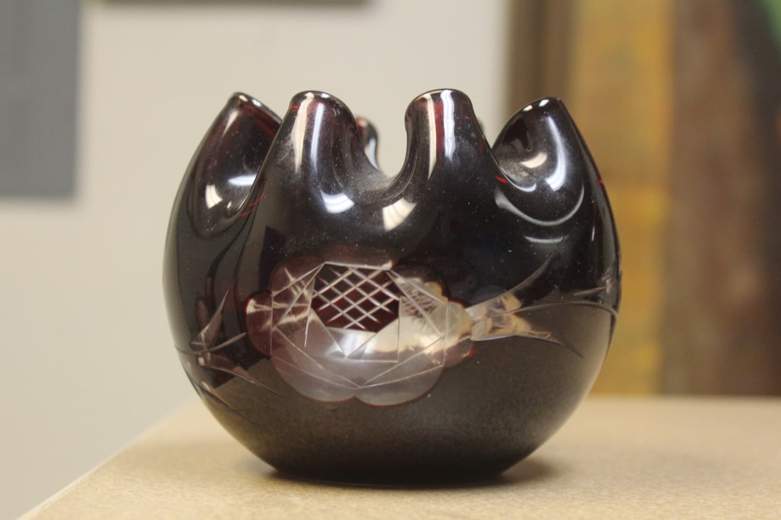 Ruby Red Cut Glass Foliated Bowl: 4" tall