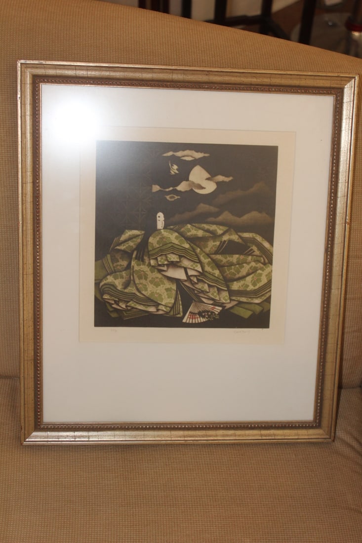 Framed and Signed Japanese Lithograph: in the style of Karou Kawano - numbered - limited edition - overall= 18" x 15 1/2"