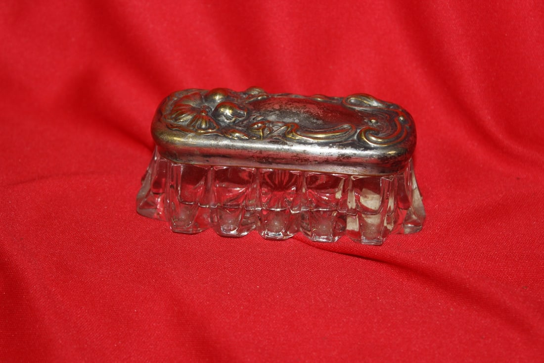 An Ornate Glass Container: most likely silverplated top - 4" across