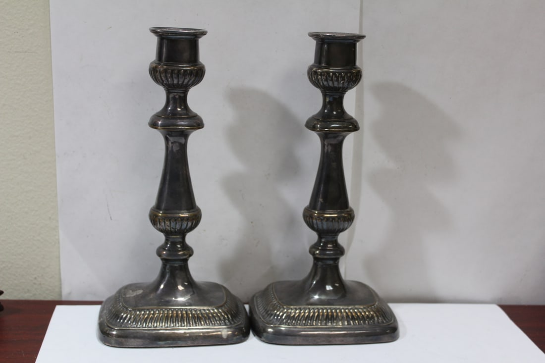 A Pair of Vintage Silverplated Candle Holders: most likely Sheffield - 10 1/2" tall