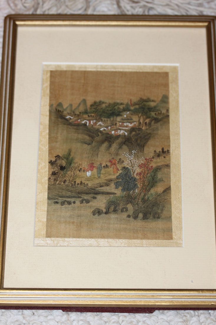 Antique Chinese Pastel and Silk Painting: 19th / 20th century. Overall size 10 1/2" x 7 1/2"