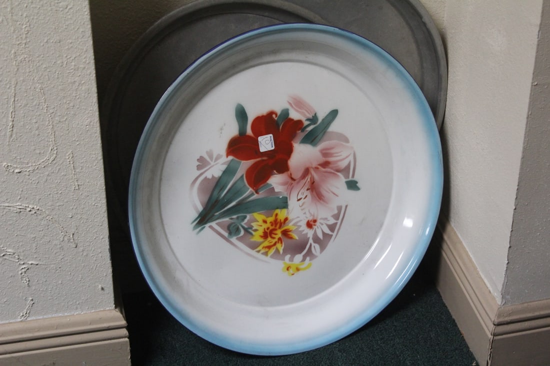 Vintage Chinese Enamel Tray: very large - by Bumper Harvest company - 21 1/2" in diameter