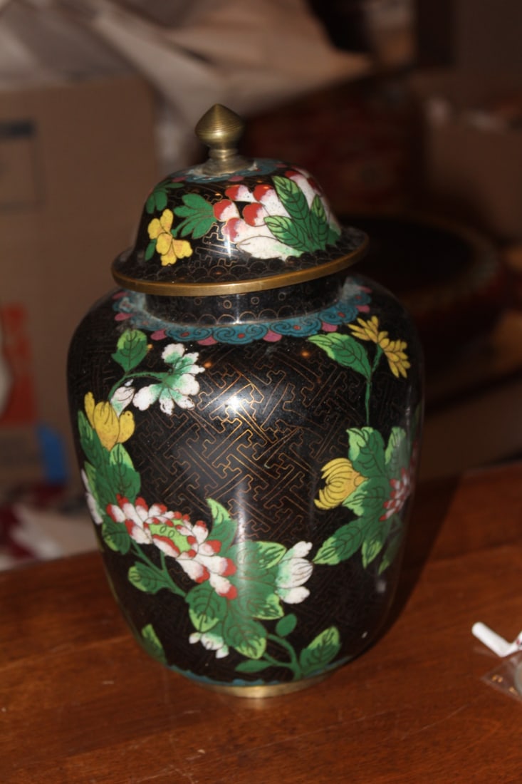 Antique Chinese Cloisonne Ginger Jar: approximately 100 years old - please note: slight dento n top as shown - 9 3/4" tall