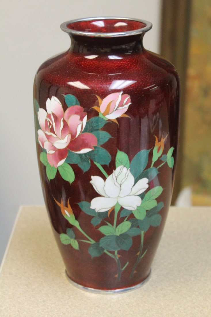 Large Japanese Cloisonne Vase: Ginbari - silver wire - 10" tall