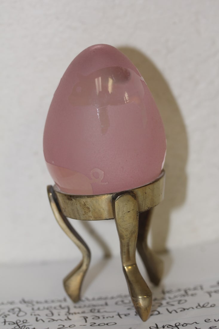 Etched Glass Egg with Stand: egg= 2 7/8" across