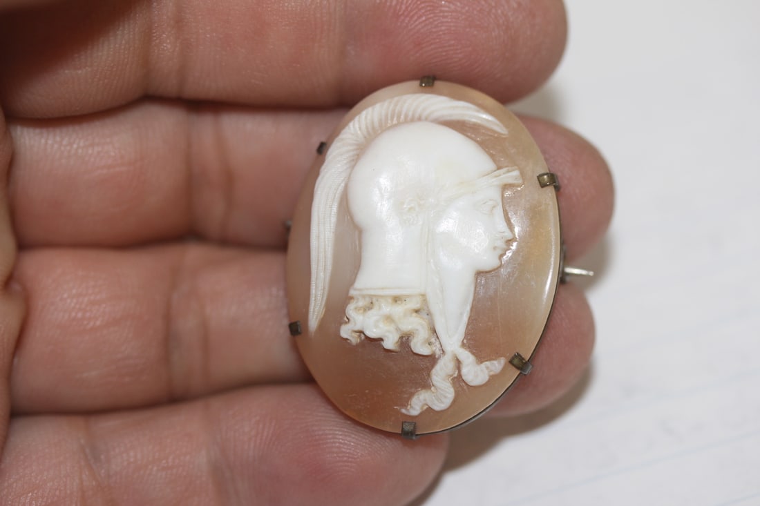 Antique Sterling Silver Cameo Brooch: 1 1/2 inches across