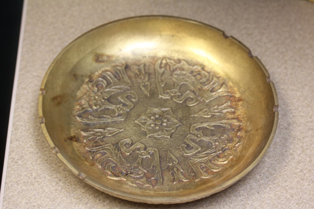 Heavy Brass or Bronze Ashtray: detail carved - 8 inches in diameter