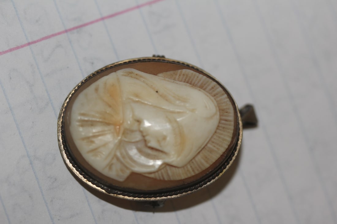 Antique Sterling Silver Cameo Brooch: well carved - 1 1/4" across