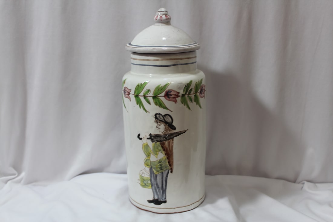 A Ceramic or Clay Portugese Lidded Jar: please note:lid has a crack on it as shown - signed - 11 3/4" tall