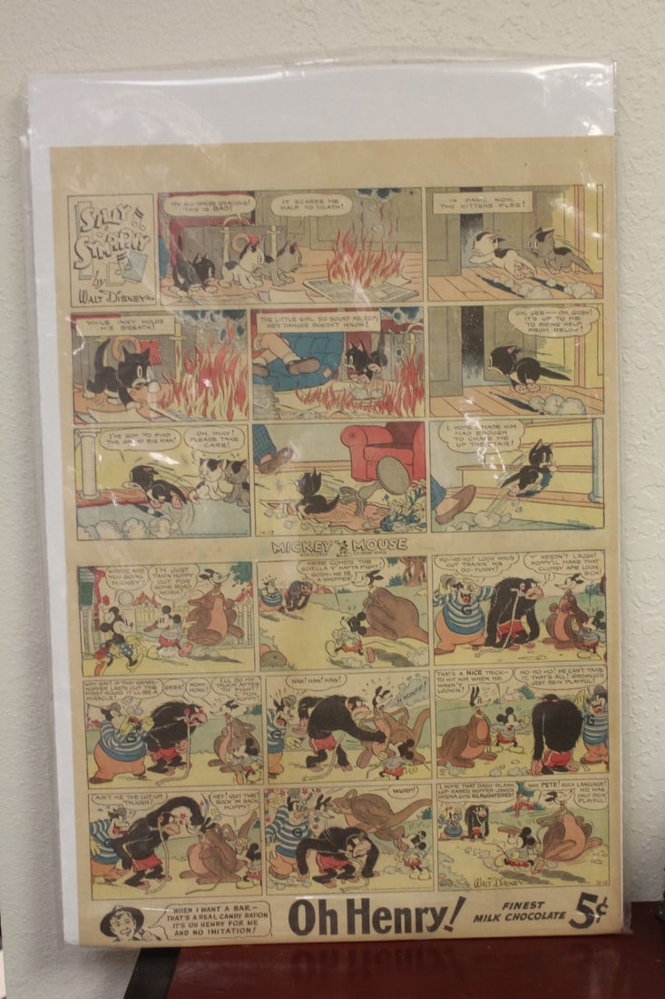 Lot of 2 Comic Strips: both full size - each approximately 21" x 14" - one is rare Silly Symphony Comic - both with Mickey Mouse