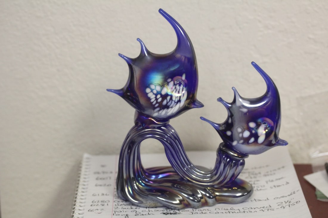 Iridescent Art Glass Twin Fishes: 7 inches tall