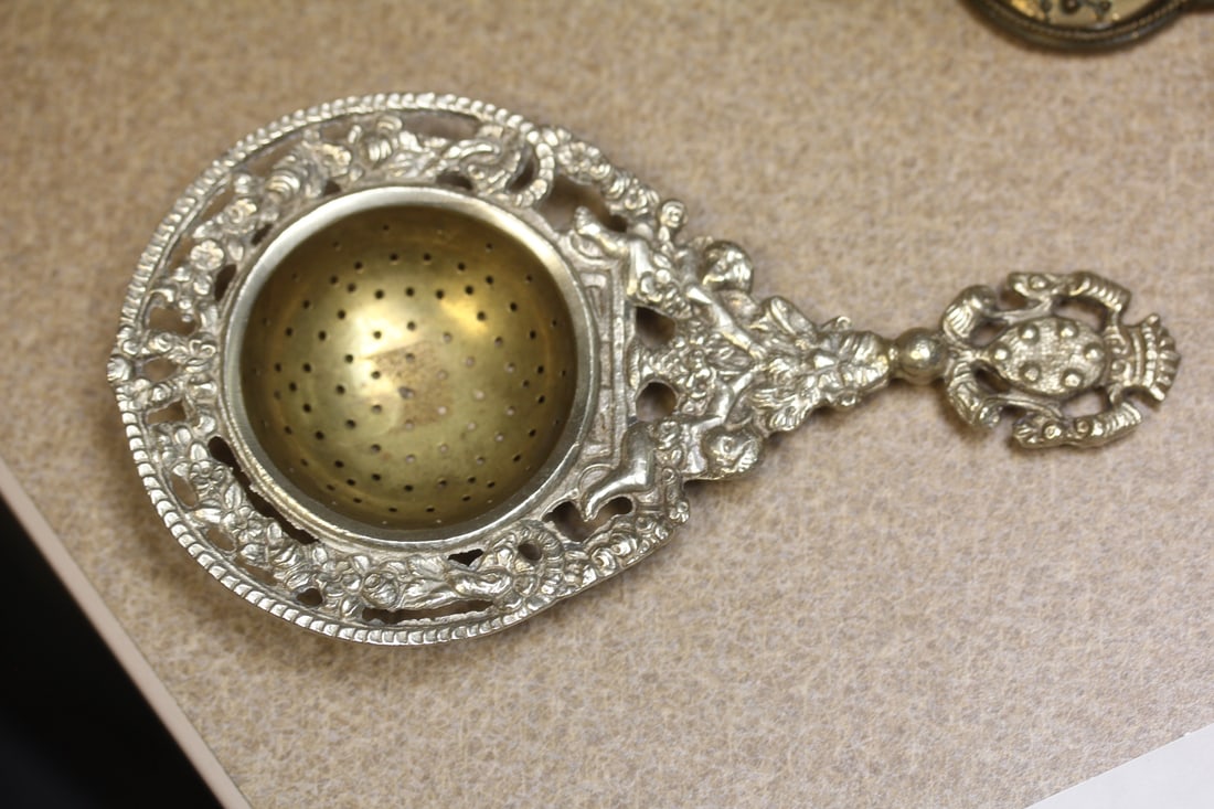 Ornate Silverplate Tea Strainer: 6 1/4" across