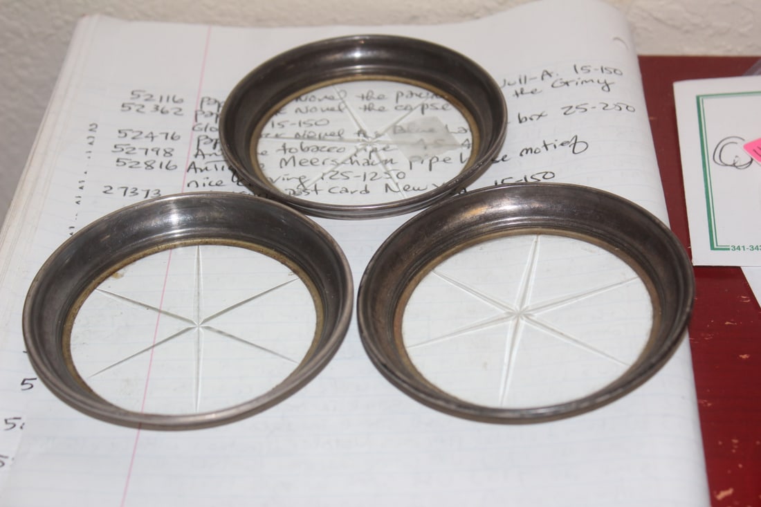 Lot of 3 Sterling Rim Coasters: cut glass - 3 3/4" in diameter each