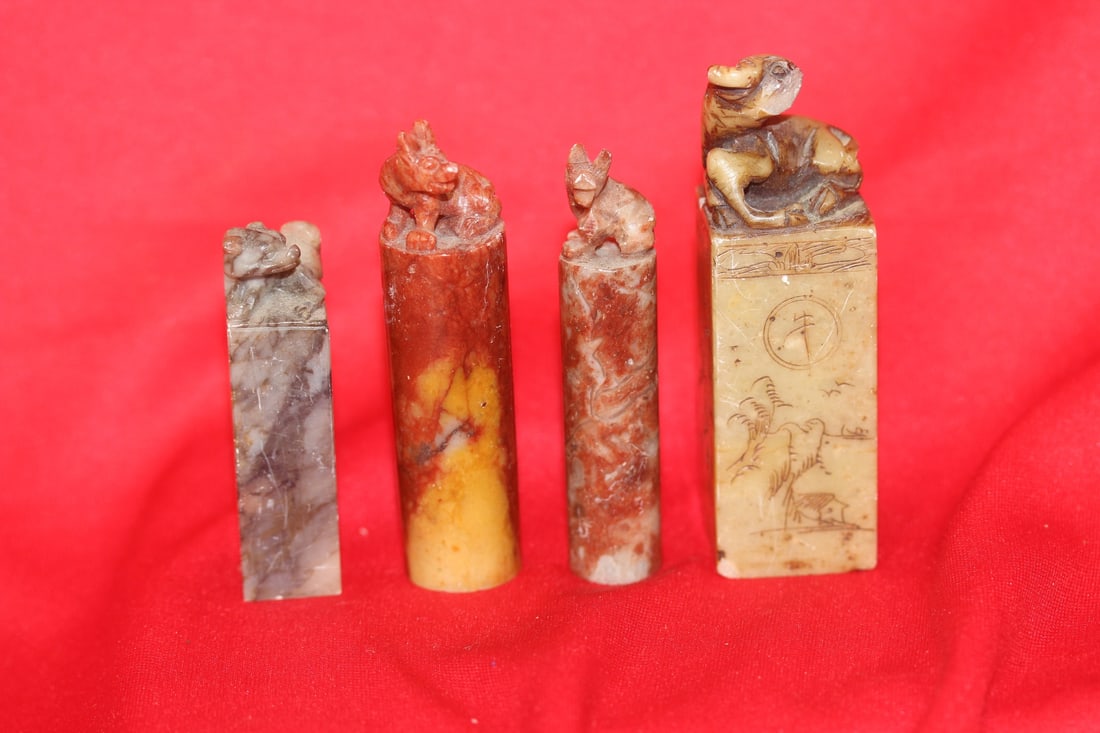 Lot of 4 Chinese Soap Stone Seals: Please note: chips - tallest= 3 1/2"