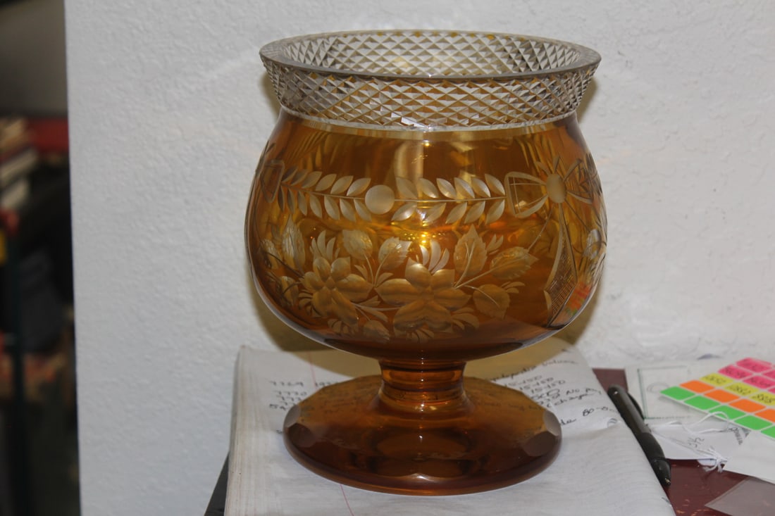 Amber Chalice Center Bowl: cut glass - 8" tall by 6" wide