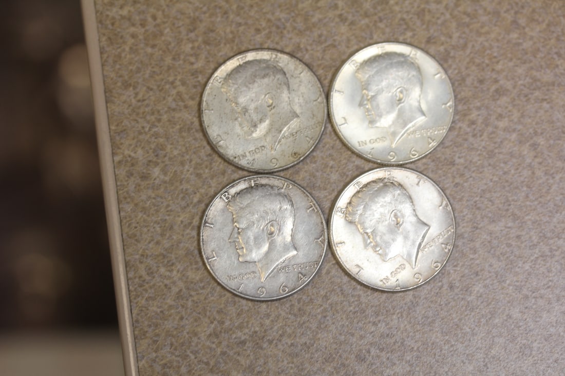 Lot of 4 90% silver 1964 Kennedy Half Dollar: as shown