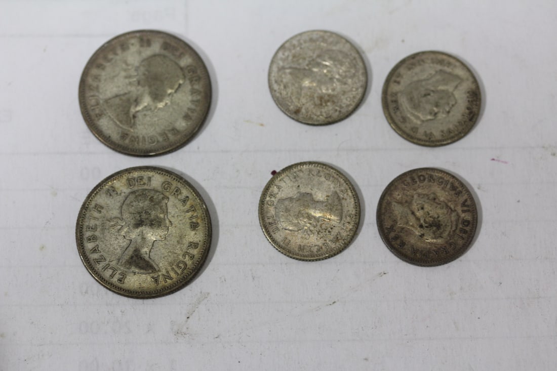 Lot of 6 Canadian Silver Coins: 2 quarter and 4 dimes