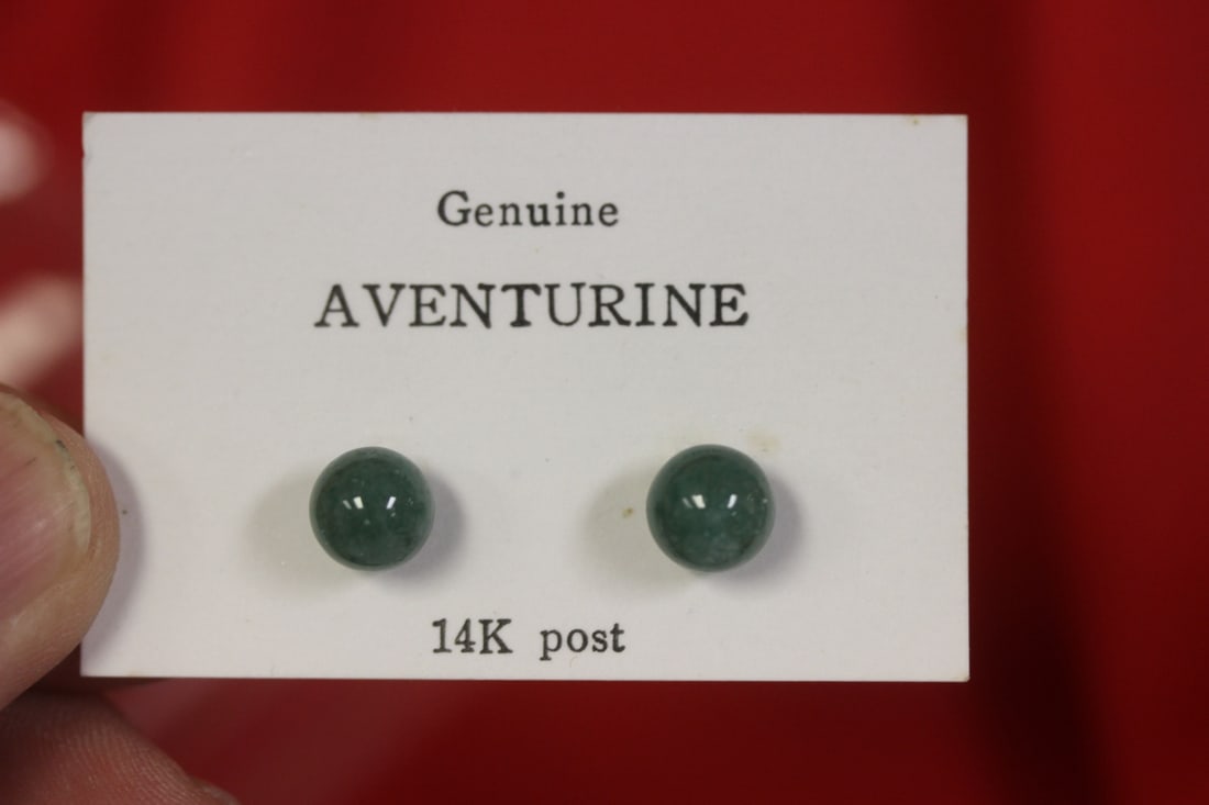A 14Kt Gold and Aventurine Posted Earrings: as shown