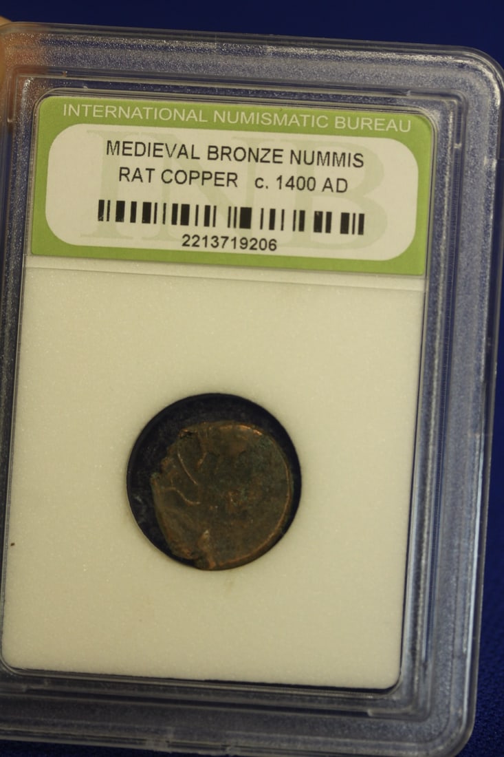 A Slabbed Medievel Bronze Nummis Coin: rat copper - c.1400AD coin