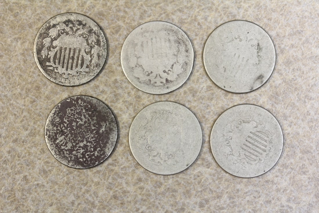 Lot of 6 Shield Nickels: worn or cull - dates unknown