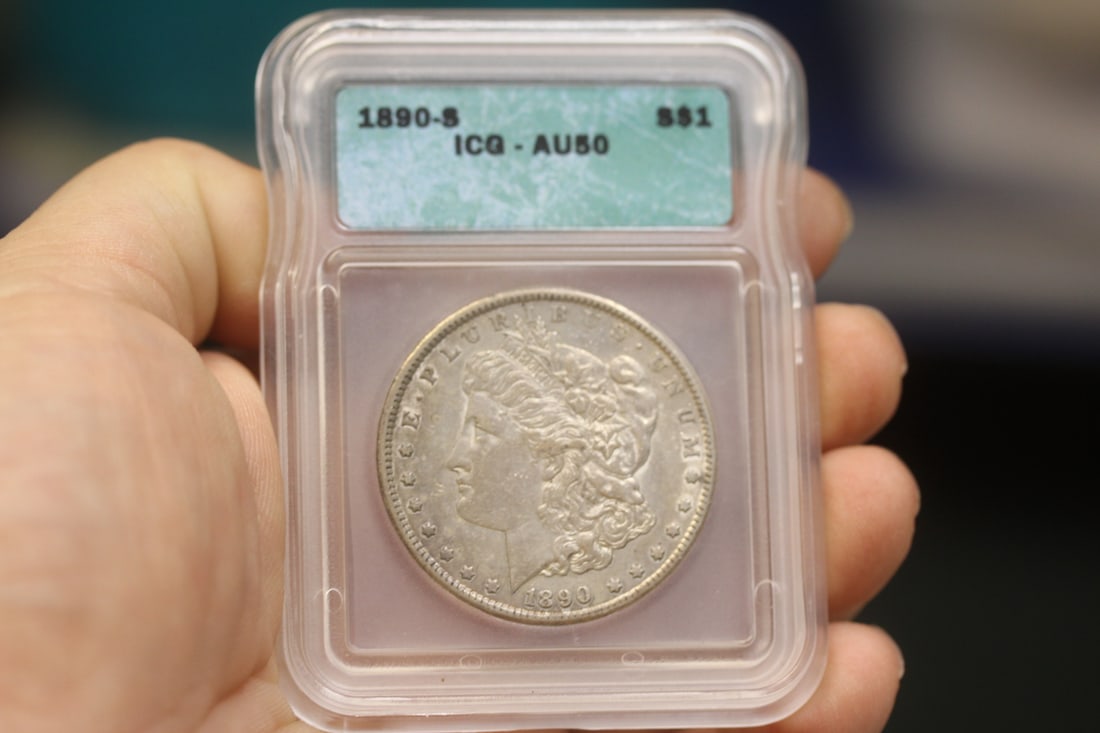 ICG Graded 1890-S Morgan Silver Dollar: 1890 s ICG graded AU 50, toned
