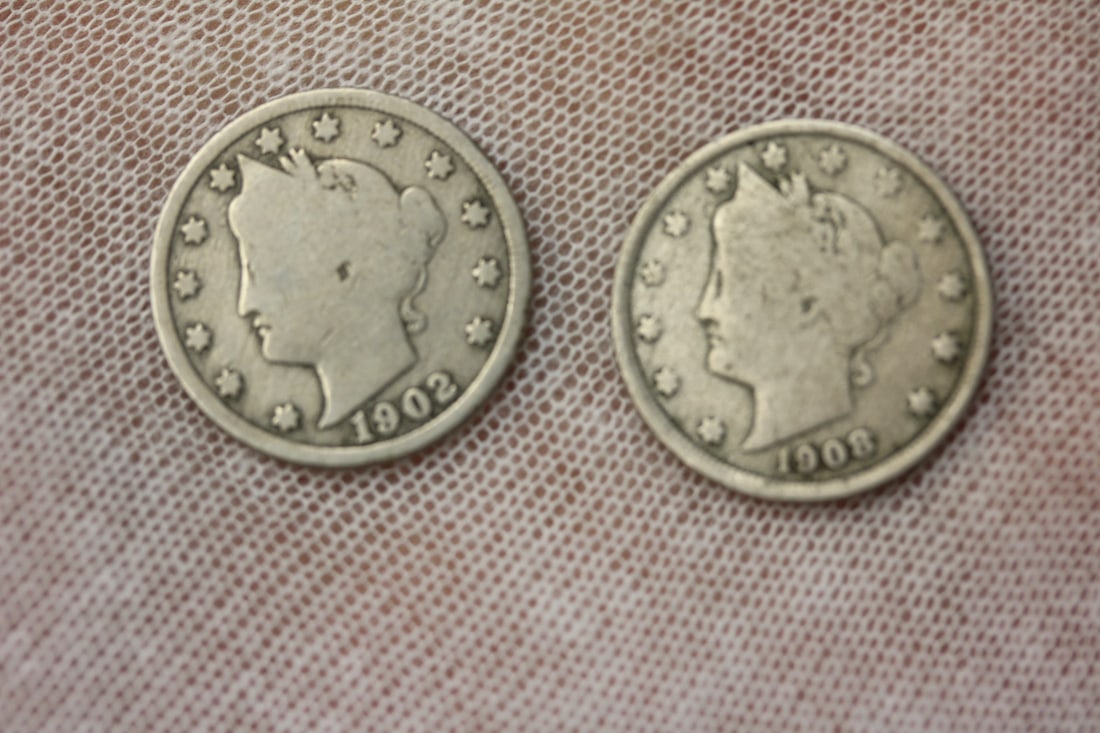 Lot of Two V Nickels: 1902 and 1908