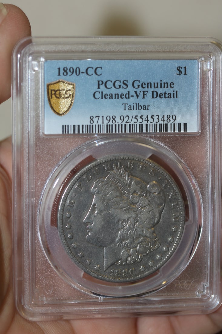 PCGS Graded 1890-CC Morgan Silver Dollar: tailbar VF detail