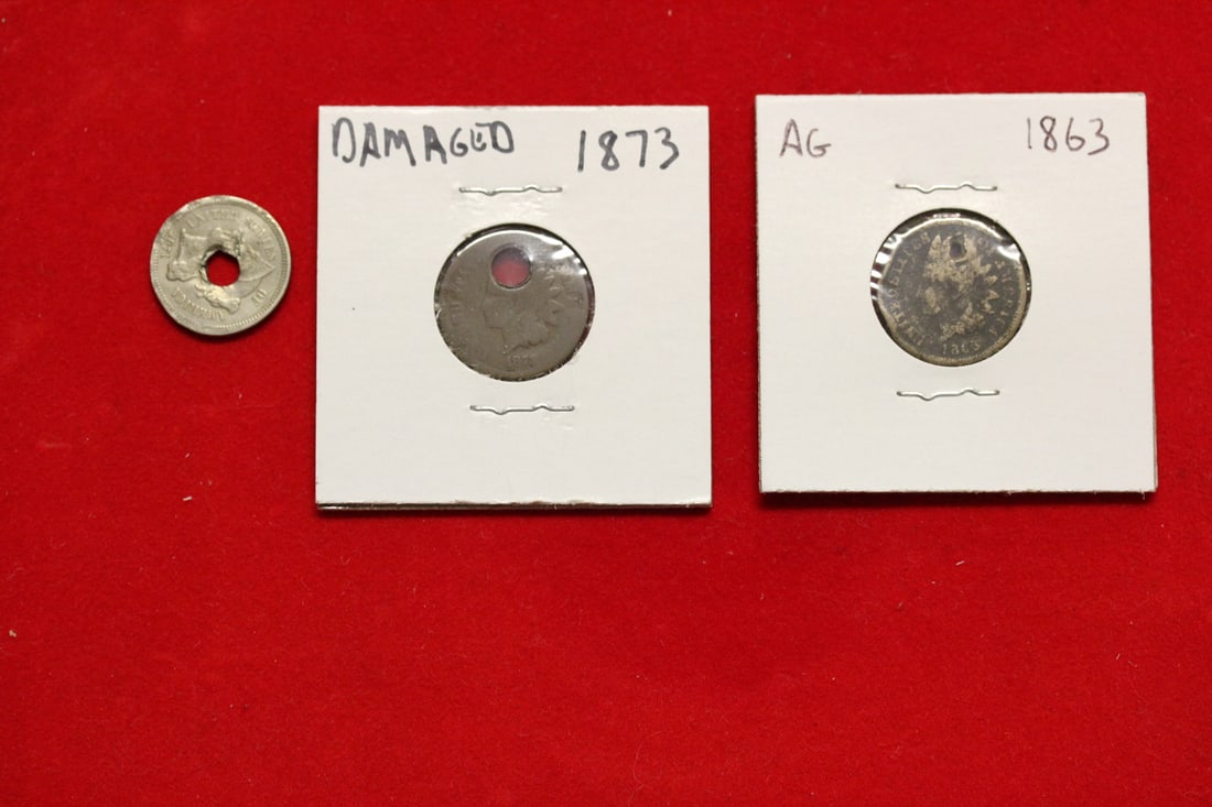 Lot of 3 Coins: a 3 cents piece and 2 Indian Head Pennies - please note: all have holes on them - one is a civil war era penny