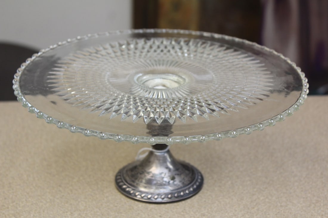 Sterling Foot and Press Glass Cake Plate: sterling foot (reinforced) - 10 5/8" in diameter