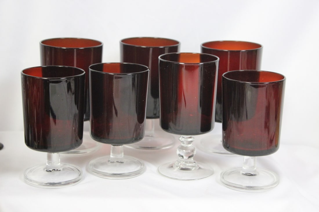 Lot of 7 Ruby Red Glass: tallest= 4 1/2" - with the exception of one they are marked France