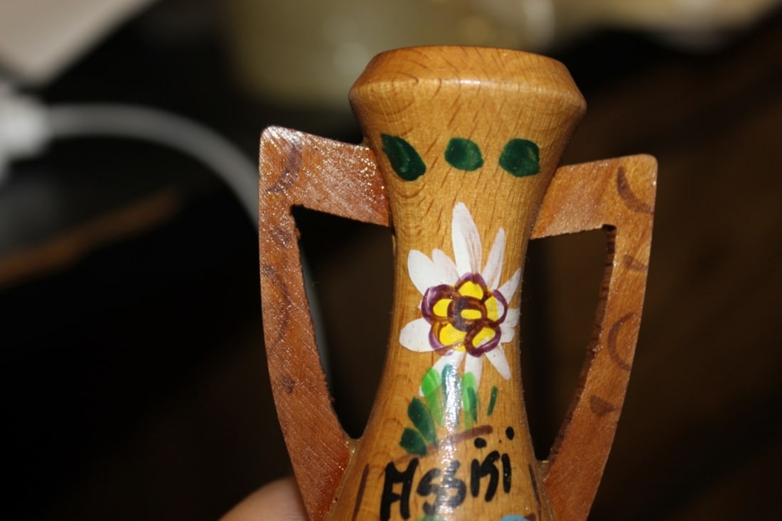 A Wooden Miniature Hand Painted Vase - Signed - 3
