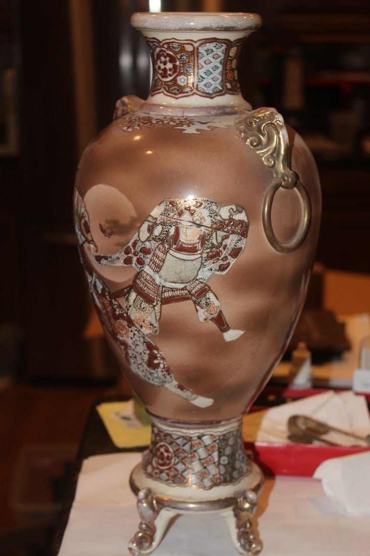 Japanese Satsuma Samurai Vase: 3 footed - 15 5/8" tall