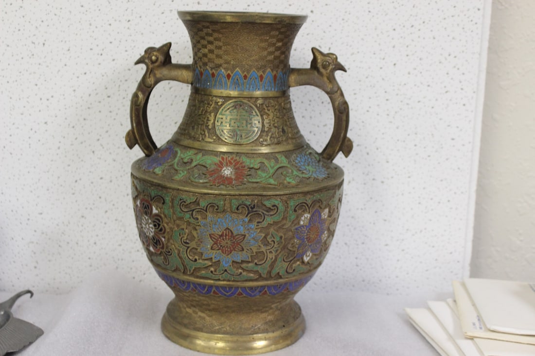 A Japanese Enamel Brass or Bronze Urn: 13 3/8" tall