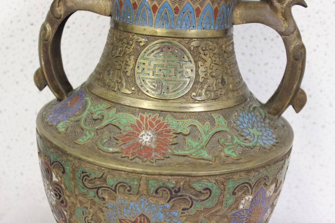 A Japanese Enamel Brass or Bronze Urn - 3