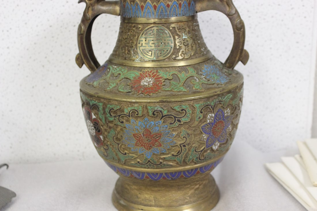 A Japanese Enamel Brass or Bronze Urn - 7