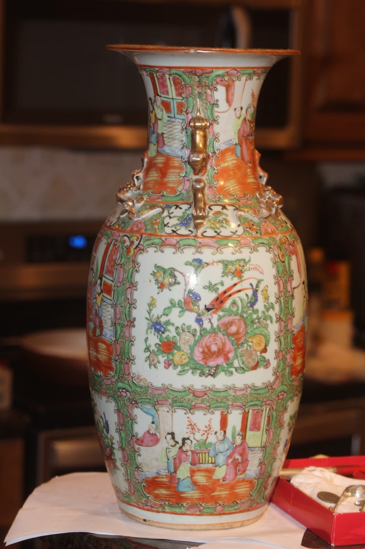 Antique Large Chinese Rose Medallion Vase: late 19th to early 20th century - please note: one underneath chip, hardly noticeable when right side up - 17 5/8" tall
