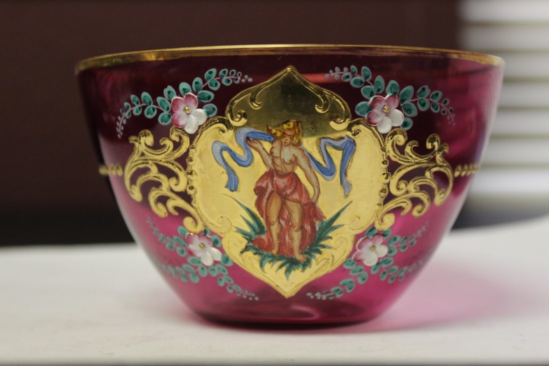 Hand Painted Cranberry Bowl - Rare Figeral Design: Vintage/Antique - 4 5/8" in diameter