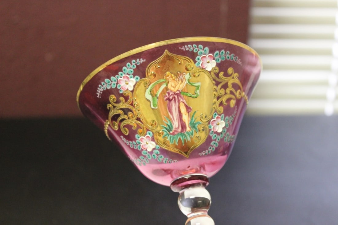 Hand Painted Cranberry Champagne Glass - 3